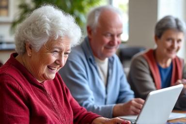 Seniors learning on tablets.