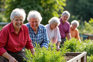 A group of people gardening together.