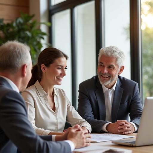 A friendly consultant talking with a senior couple at a sunlit table.